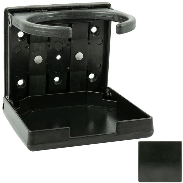 ProMarine Drink Holder in black, waterproof, folds to 25mm, fits 75mm diameter drinks, ideal for outdoor adventures.