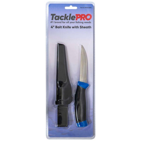 TacklePro 4 Bait Knife with sheath featuring a stainless steel blade, non-slip handle, and clip for easy access.