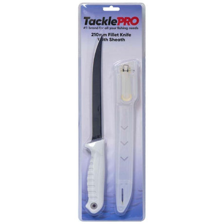 TacklePro 8 Fillet Knife with sheath, 210mm stainless steel blade, non-slip handle for secure grip, perfect for fishing.