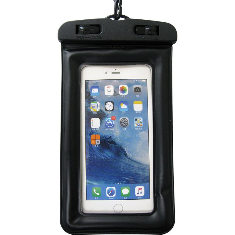 ProMarine Floating Phone Pouch in black, waterproof with IPX8 rating, fits phones up to 165mm, includes lanyard for secure carrying.