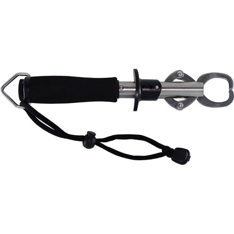 TacklePro Stainless Steel Lip Grip with scale, featuring durable stainless steel, non-slip handle, and adjustable strap for secure fish handling.