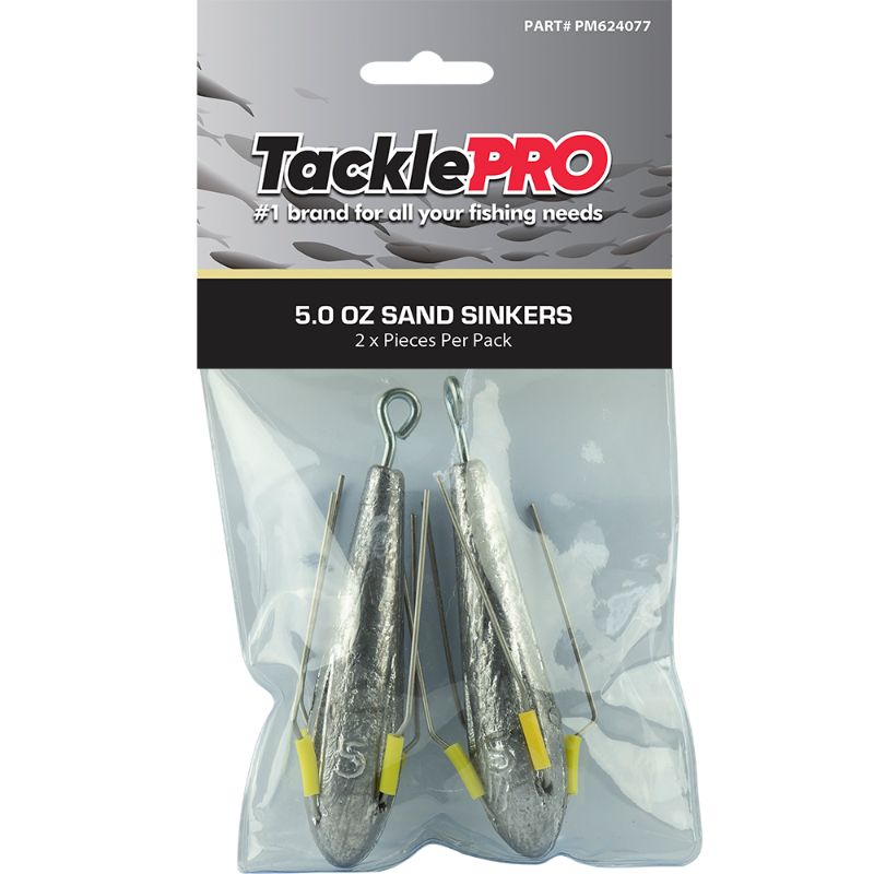 Two 5.0oz TacklePro sand sinkers designed for easy casting in saltwater and freshwater fishing, featuring durable, corrosion-resistant materials.