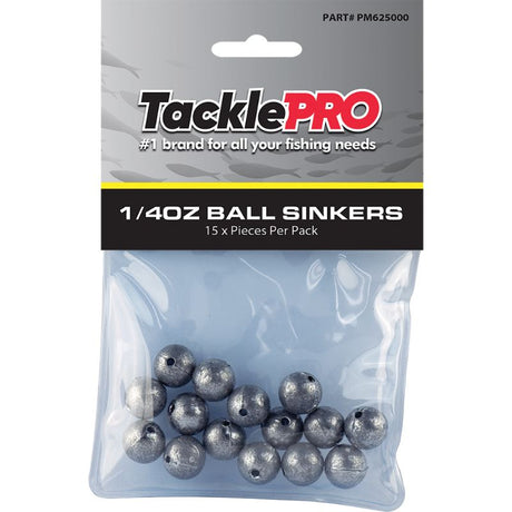 TacklePro 1/4oz ball sinkers pack of 15, designed for stability in freshwater and saltwater fishing techniques.