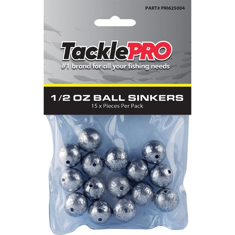 TacklePro 1/2oz ball sinkers pack of 15, designed for durability in freshwater and saltwater fishing.