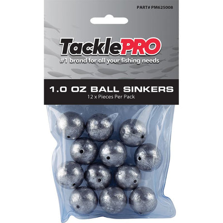 TacklePro Ball Sinker 1.0oz pack of 12, designed for quick, natural sinking and durability in freshwater and saltwater.