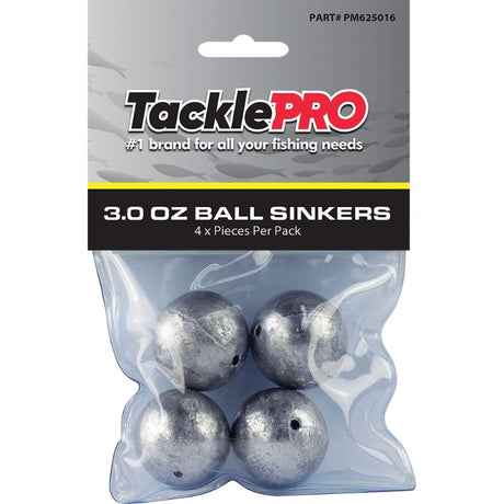 TacklePro Ball Sinker 3.0oz set of 4, designed for optimal casting and reduced snagging, perfect for various fishing techniques.