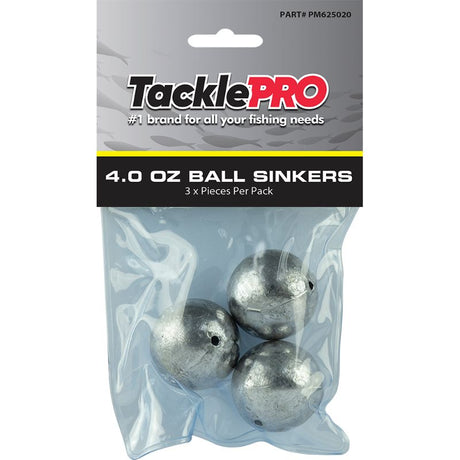 TacklePro 4.0oz Ball Sinkers, 3-pack for deep water fishing, enhancing stability and casting precision for better catch rates.