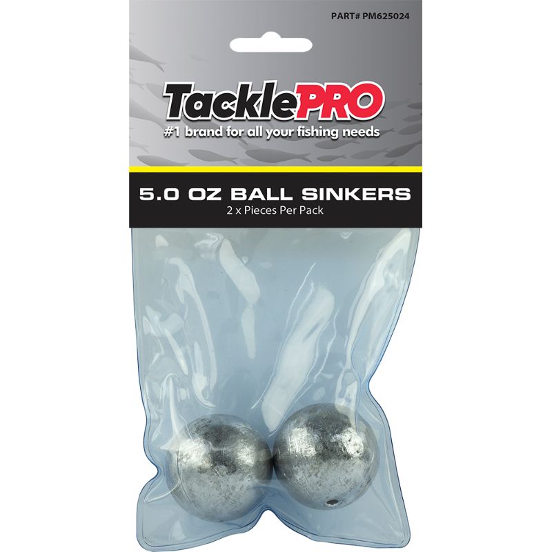 TacklePro 5.0oz Ball Sinkers, pack of 2, designed for optimal underwater presentation in fishing. Durable and rust-resistant.