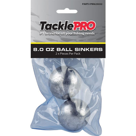 TacklePro Ball Sinker 8.0oz - 2-pack of durable, corrosion-resistant sinkers for effective freshwater and saltwater fishing.