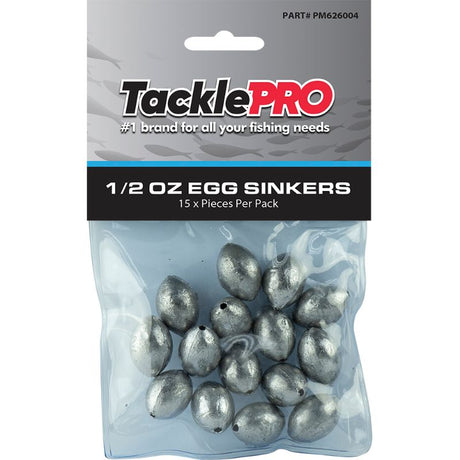 TacklePro 1/2oz egg sinkers, 15-pack, designed for effective bottom fishing and easy casting, ideal for lakes and rivers.