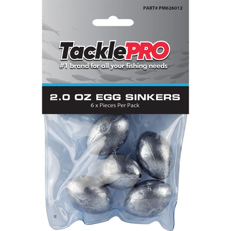 TacklePro Egg Sinker 2.0oz, pack of 6, durable and streamlined for effective freshwater and saltwater fishing.