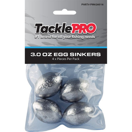 TacklePro 3.0oz Egg Sinkers - 4-piece set designed for stable underwater fishing, ideal for freshwater and saltwater use.