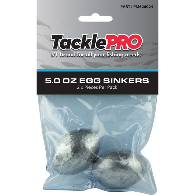 TacklePro Egg Sinkers 5.0oz - 2 pack, designed for deep water fishing with a streamlined shape for fewer snags and longer casts.