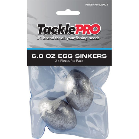 TacklePro 6.0oz egg sinkers, pack of 2, ideal for easy casting and stability in freshwater and saltwater fishing.