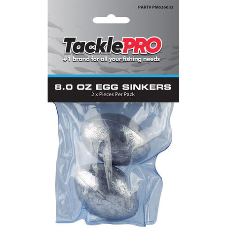 TacklePro Egg Sinker 8.0oz, pack of 2, designed for smooth casting and stability in freshwater and saltwater fishing.