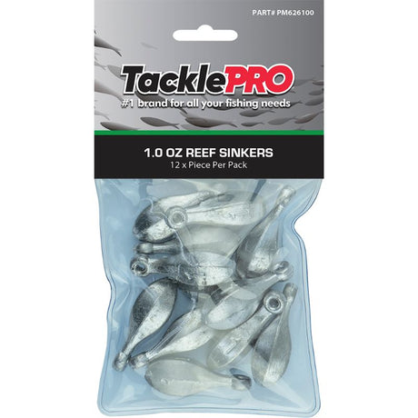 TacklePro Reef Sinker 1oz pack of 12, designed for durability and smooth casting in freshwater and saltwater fishing.