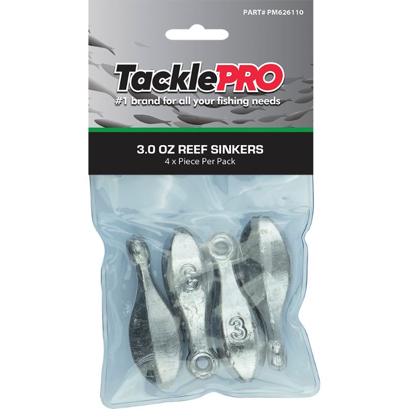 TacklePro Reef Sinker 3.0oz - 4pc Pack, durable lead sinkers designed for efficient deep fishing and easy casting.