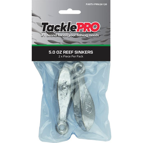 TacklePro Reef Sinker 5oz 2pc Pack: Durable lead sinkers designed for deep-sea and reef fishing with smooth water descent.