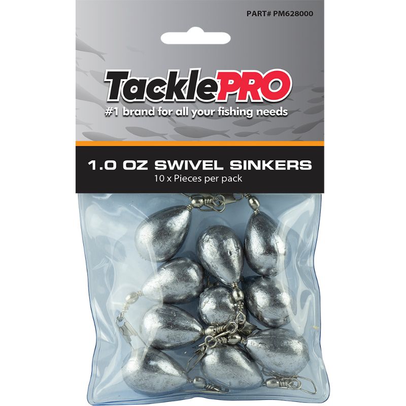 10-pack of TacklePro 1.0oz swivel sinkers, designed for optimal fishing performance and easy attachment to lines.