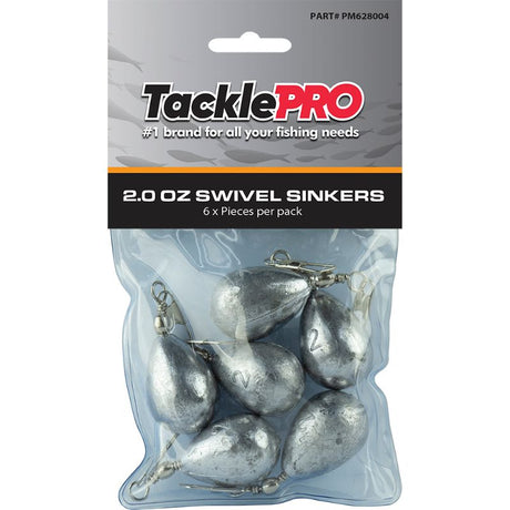 TacklePro Swivel Sinker 2.0oz pack of 6, designed for optimal weight distribution and reduced line twist in fishing.