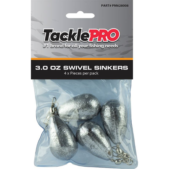 TacklePro 3.0oz swivel sinkers in a pack of 4, designed to reduce line twists for effective fishing.