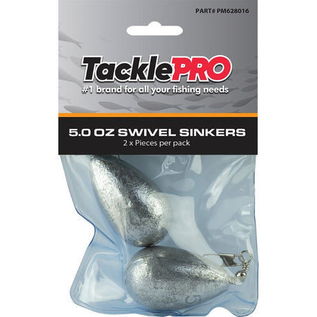 TacklePro Swivel Sinker 5.0oz pair for deep-water fishing, reducing line twists for better bait movement and improved catch.