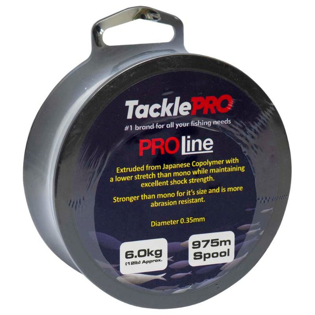 TacklePro ProLine 6.0kg/12lb fishing line spool, 975m, 0.35mm diameter, low stretch, high shock strength, abrasion resistant.