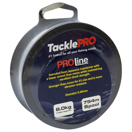 TacklePro ProLine fishing line spool, 754m of durable 8.0kg strength, featuring low stretch for sensitivity and abrasion resistance.