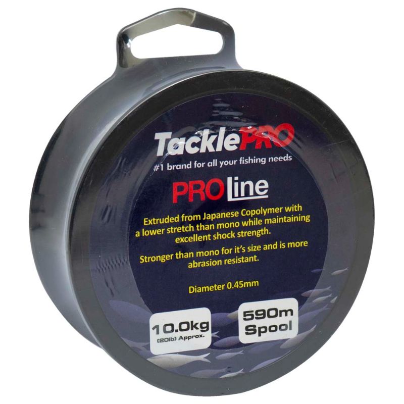 High-performance TacklePro ProLine fishing line on a 590m spool, 10.0kg strength, durable Japanese copolymer construction.