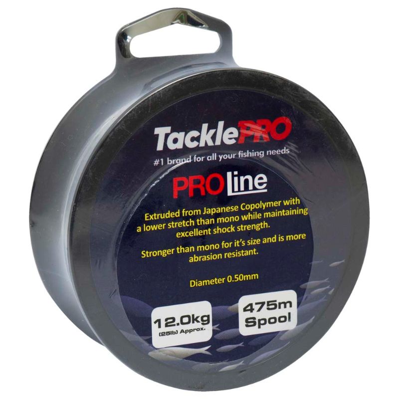 High-strength TacklePro ProLine 12.0kg fishing line on 475m spool, 0.50mm diameter, low memory, ideal for serious anglers.