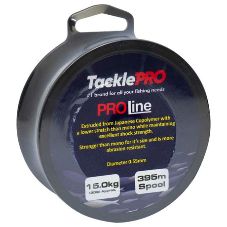 TacklePro ProLine 15.0kg/30lb fishing line on a 395m spool, featuring low stretch, high strength, and abrasion resistance.