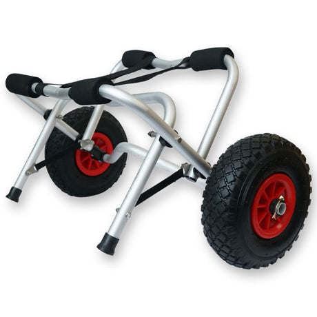 ProMarine Universal Kayak/Canoe Dolly with aluminum frame, foam cushioning, 10-inch tires, and foldable design for easy transport.