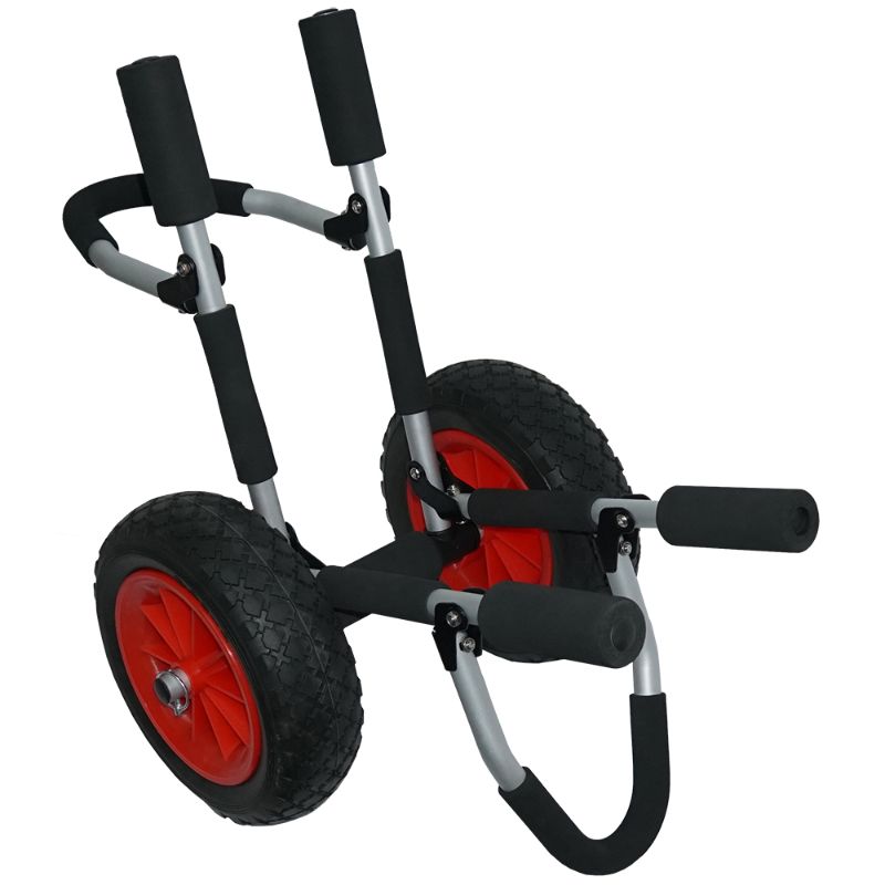 Heavy-duty all-terrain dolly for easy transport of paddleboards and longboards, featuring durable no-flat wheels and rust-resistant aluminum.