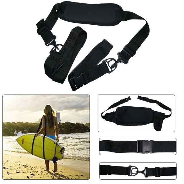 Lightweight and durable paddleboard sling with thick shoulder pad, adjustable straps, and fanny pack for easy transport.