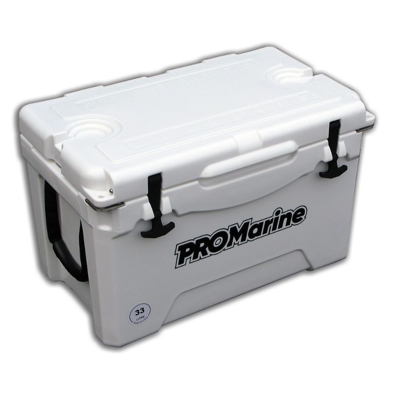 ProMarine Cooler with 33L capacity, UV resistant, food-grade liner, integrated bottle openers, and non-slip feet for outdoor use.