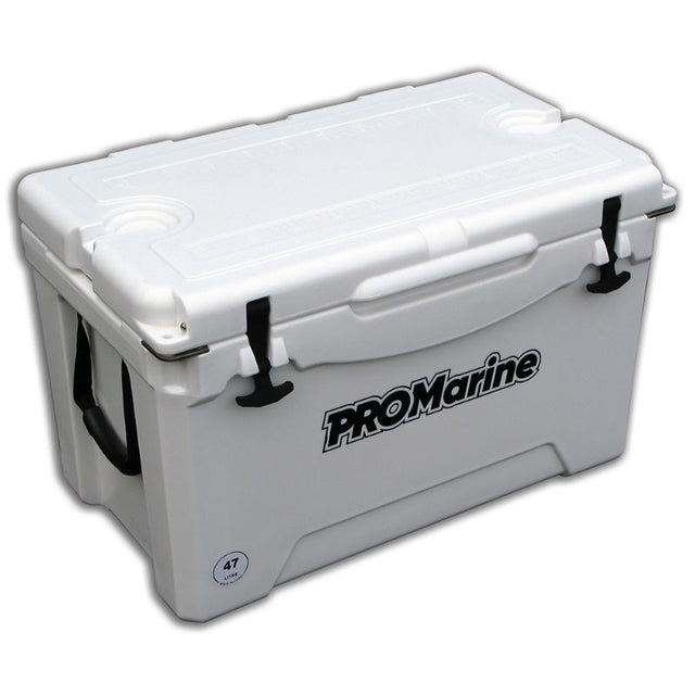 ProMarine Cooler with 47L capacity, durable design, high-density insulation, two bottle openers, and built-in fish measuring guidelines.