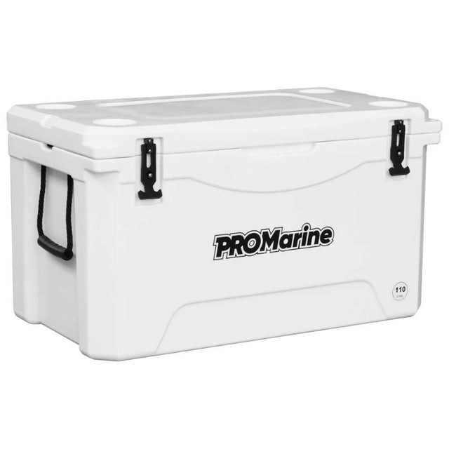 ProMarine Cooler with 110L capacity, heavy-duty design, food-grade liner, and insulation for outdoor adventures.