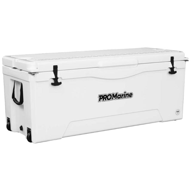 ProMarine Cooler with 180L capacity, high-density insulation, bottle openers, wheels, and fish measuring ruler for outdoor adventures.