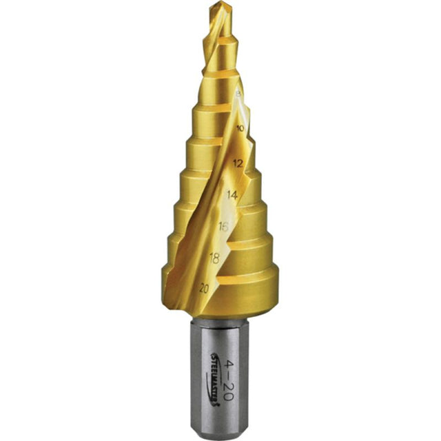 Holemaker Step Drill Spiral Flute 4-20mm with Titanium Nitride coating for precise drilling in metal, plastic, and wood.