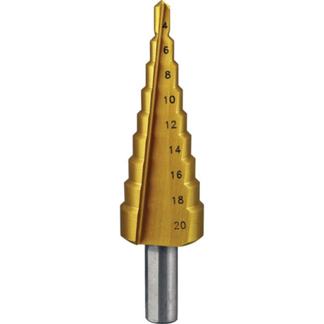 Precision Holemaker Step Drill 4-12mm with TiN coating for durability, straight flute design for smooth drilling in various materials.