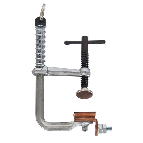 Stronghand Grounding Utility Clamp showing a spring-loaded design, versatile copper U-channel, and impressive capacity for clamping and grounding.