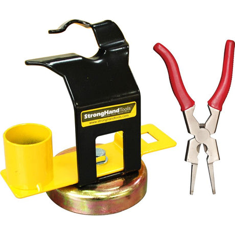 Stronghand Mig Gun Holder with magnetic base, accessory plate for pliers, and dual slots for easy tool access and organization.