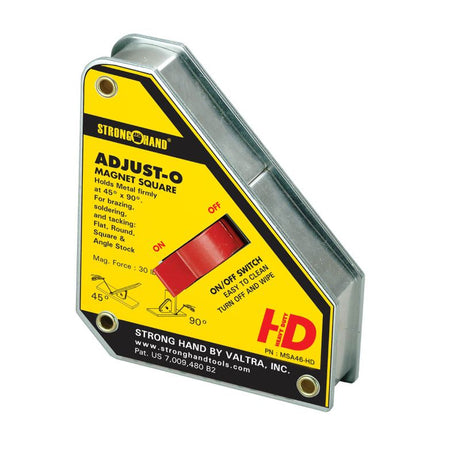 Stronghand Adjust-O Magnet Square 75KG, a heavy-duty tool for securely holding metal workpieces at 45° and 90°.