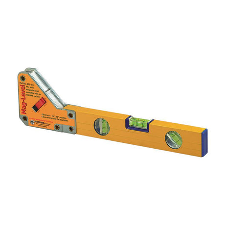 Magnetic level tool with angles of 45°, 90°, and 180°, featuring On/Off switch and three vials for precise measurements.