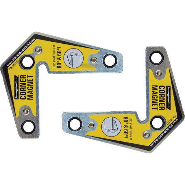 Stronghand Corner Magnet Twin Pack for precise 90-degree corners, featuring 14 kg pull force and 83 x 95 x 16 mm dimensions.