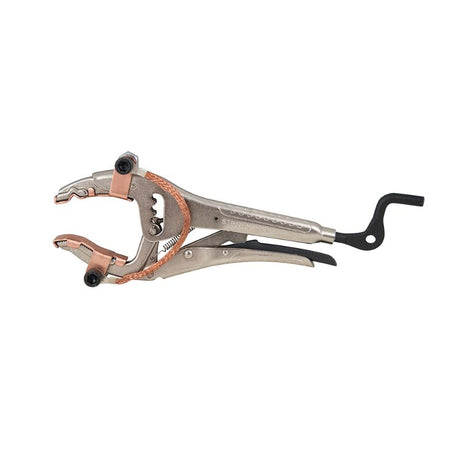 Stronghand Copper Grounding Plier with large serrated jaws, V-notch for small parts, and a unique crank handle for quick adjustments.