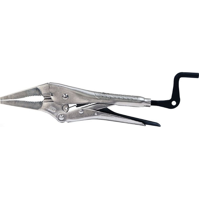 Stronghand Long Nose Plier with 205mm OAL and 5mm opening, featuring serrated jaws, non-slip grip, and quick-release trigger.