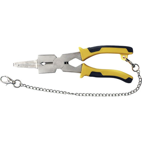 Stronghand Deluxe MIG Plier with V-Notch design, comfortable grip, retention chain, and versatile features for precision welding.