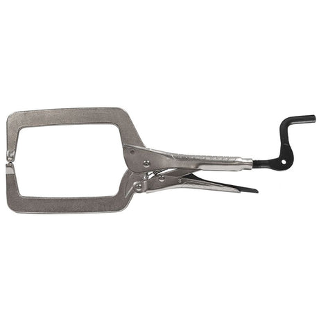 Stronghand plier with round tips and crank handle, featuring wide jaws, quick-release trigger, and hanging hole for storage.