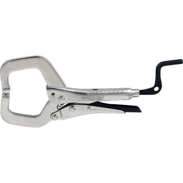 Stronghand plier with round tips and crank handle, ideal for precise clamping in tight spaces, featuring non-slip grip and quick-release trigger.